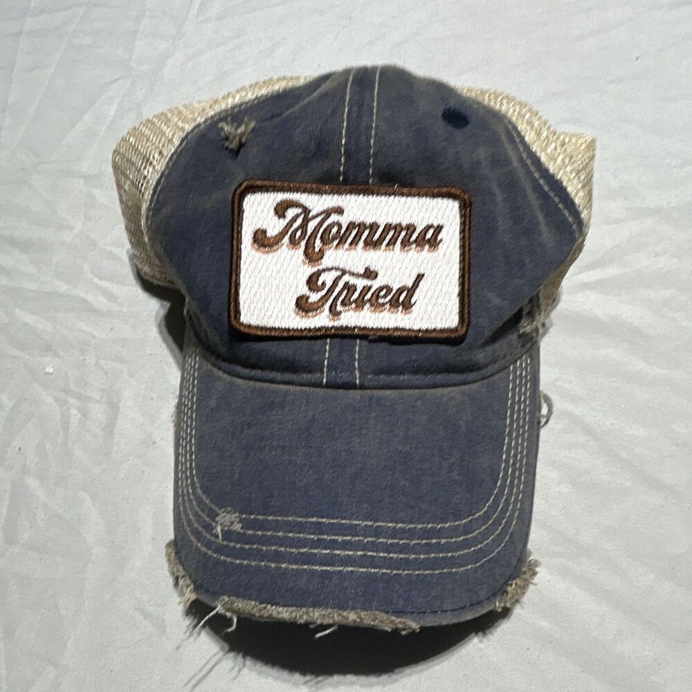Momma Tried Distressed Blue Denim Mesh Trucker Hat Headmost Snapback Cap OSFA